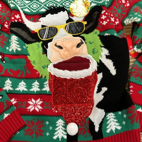 Celebrating Together Christmas Sweater Cow With Sunglasses and cup Holder - Picture 4 of 15